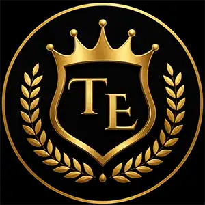 Gold and black logo with a crown, shield, and laurel wreath, featuring the letters 'TE' in the center.