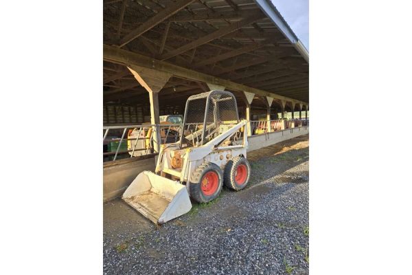 Compact skid steer loader with bucket attachment, parked under a shed, used for construction or landscaping tasks.