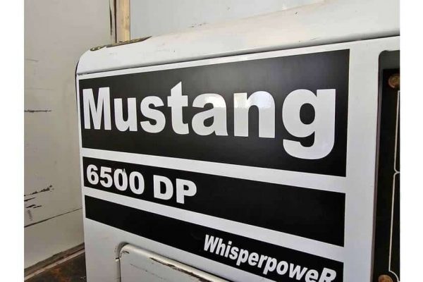 Mustang 6500 DP industrial generator with WhisperpowerR branding, white exterior, and black logo.