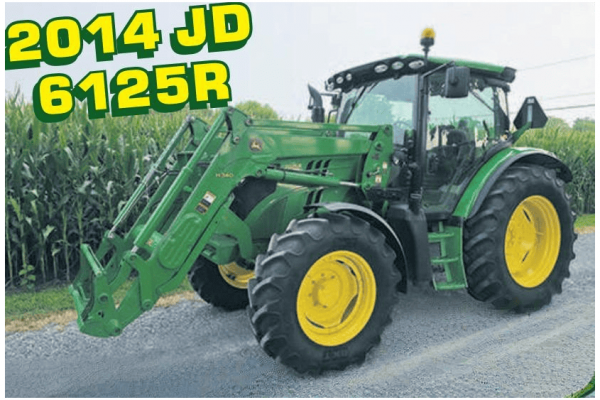 Green John Deere 2014 JD 6125R tractor with front loader attachment, parked on a rural road.