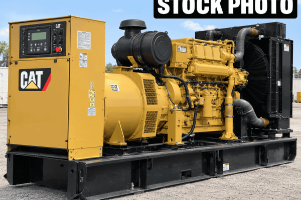 Caterpillar 155 kW generator set with control panel and cooling system on black base frame.