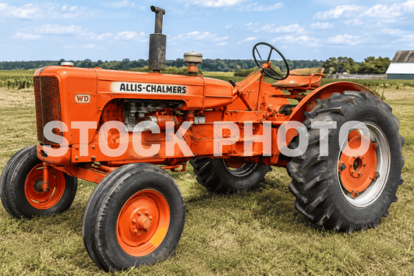 Allis-Chalmers WD tractor with orange body and large rear tires in a field.
