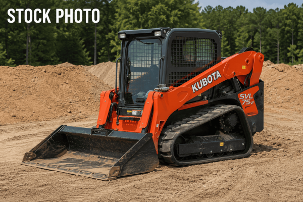 2020 Kubota SVL75-2 compact track loader with enclosed cab and bucket attachment on dirt site.