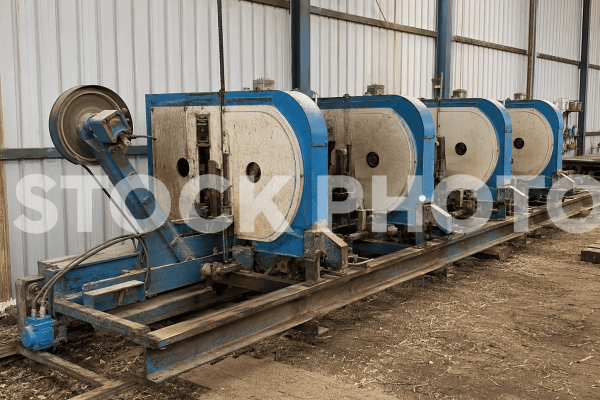 Industrial brewing equipment with four large blue and white tanks in a warehouse setting.