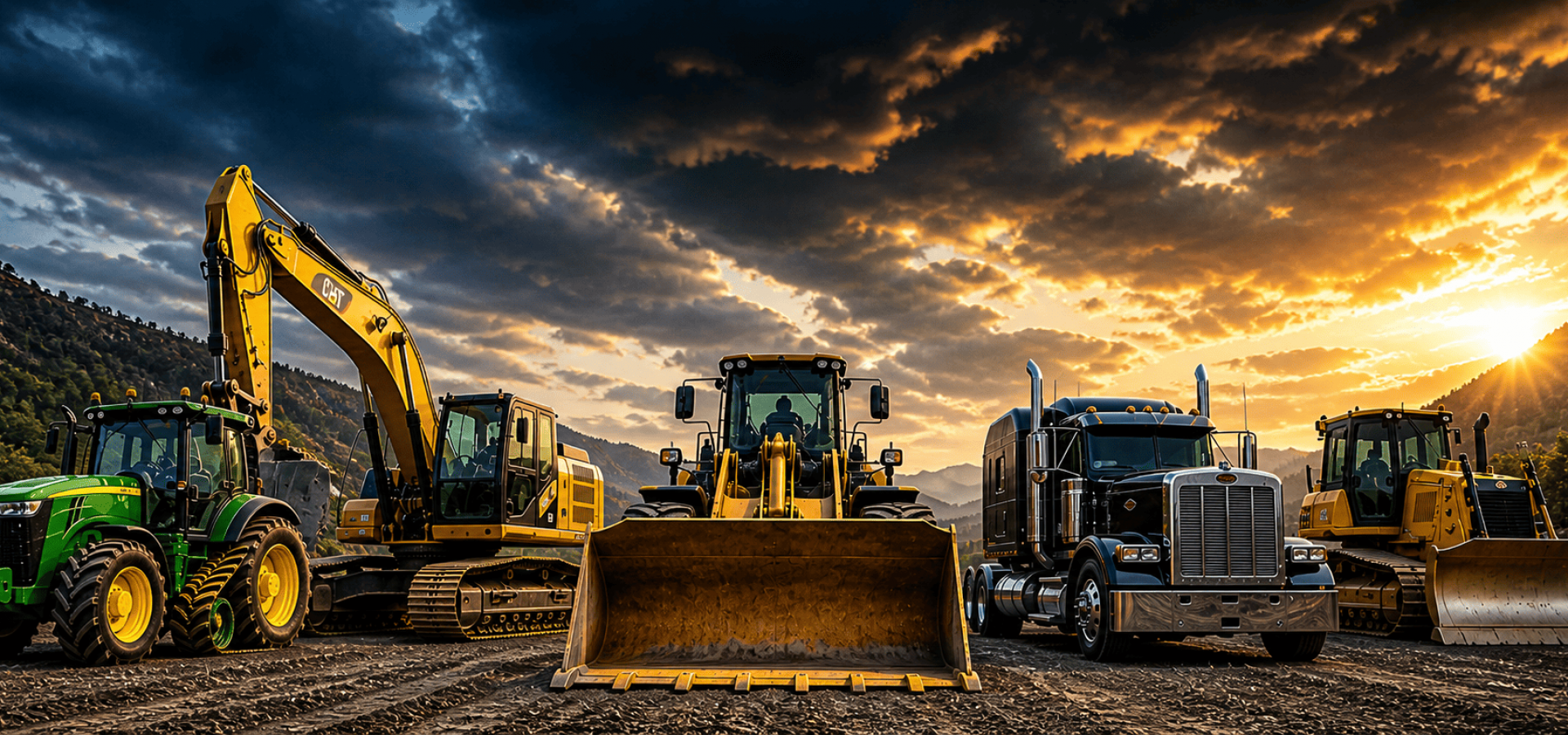 Heavy equipment including excavators and bulldozers ready for work at sunset.