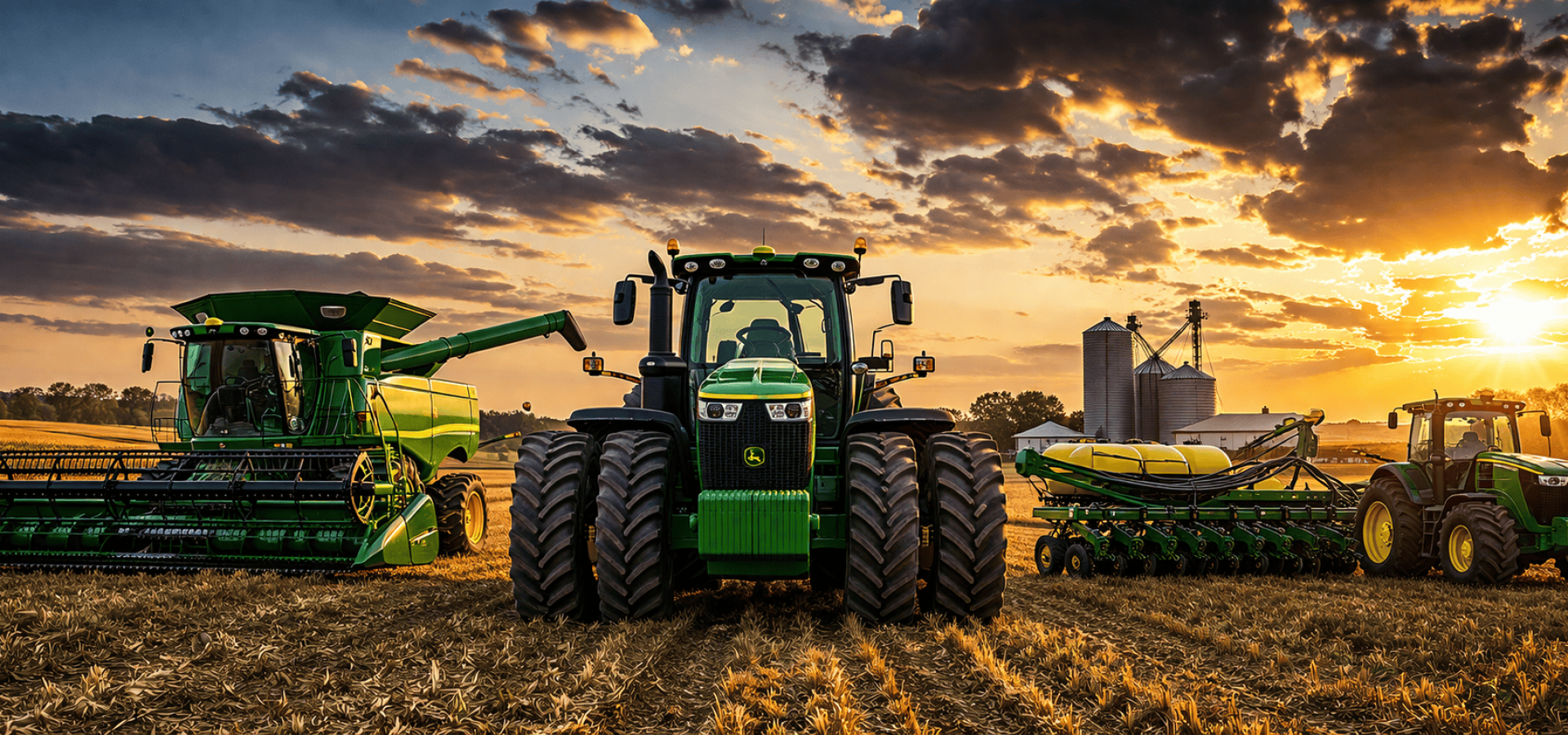 John Deere farm machinery including tractors and harvesters at sunset.