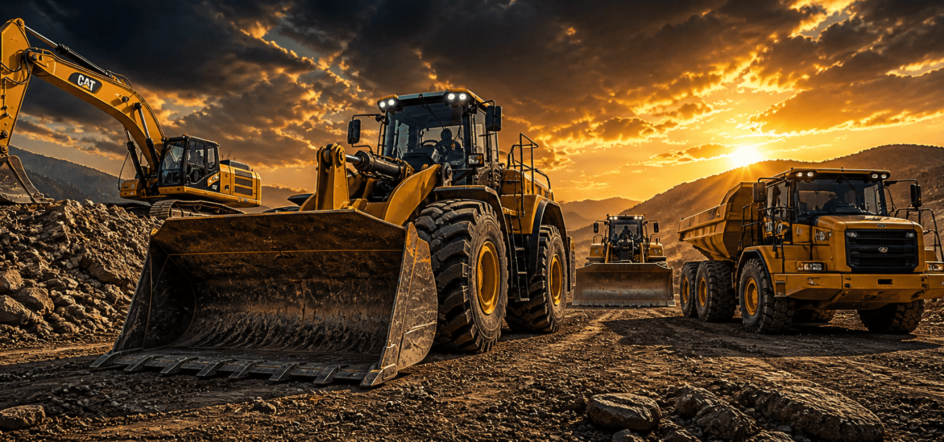 Excavators and dump trucks working on a construction site during sunset.