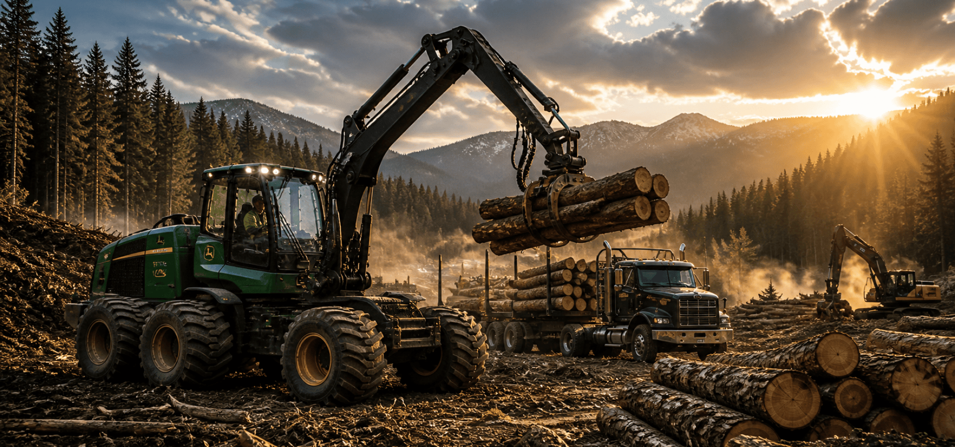 Heavy-duty forestry machinery loading logs in a forested mountain area.