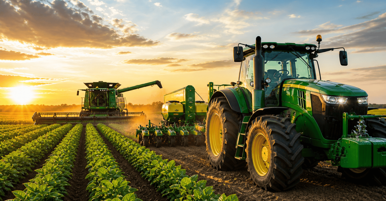 John Deere tractor with planting equipment in a farm field at sunset, showcasing modern agricultural machinery in use.