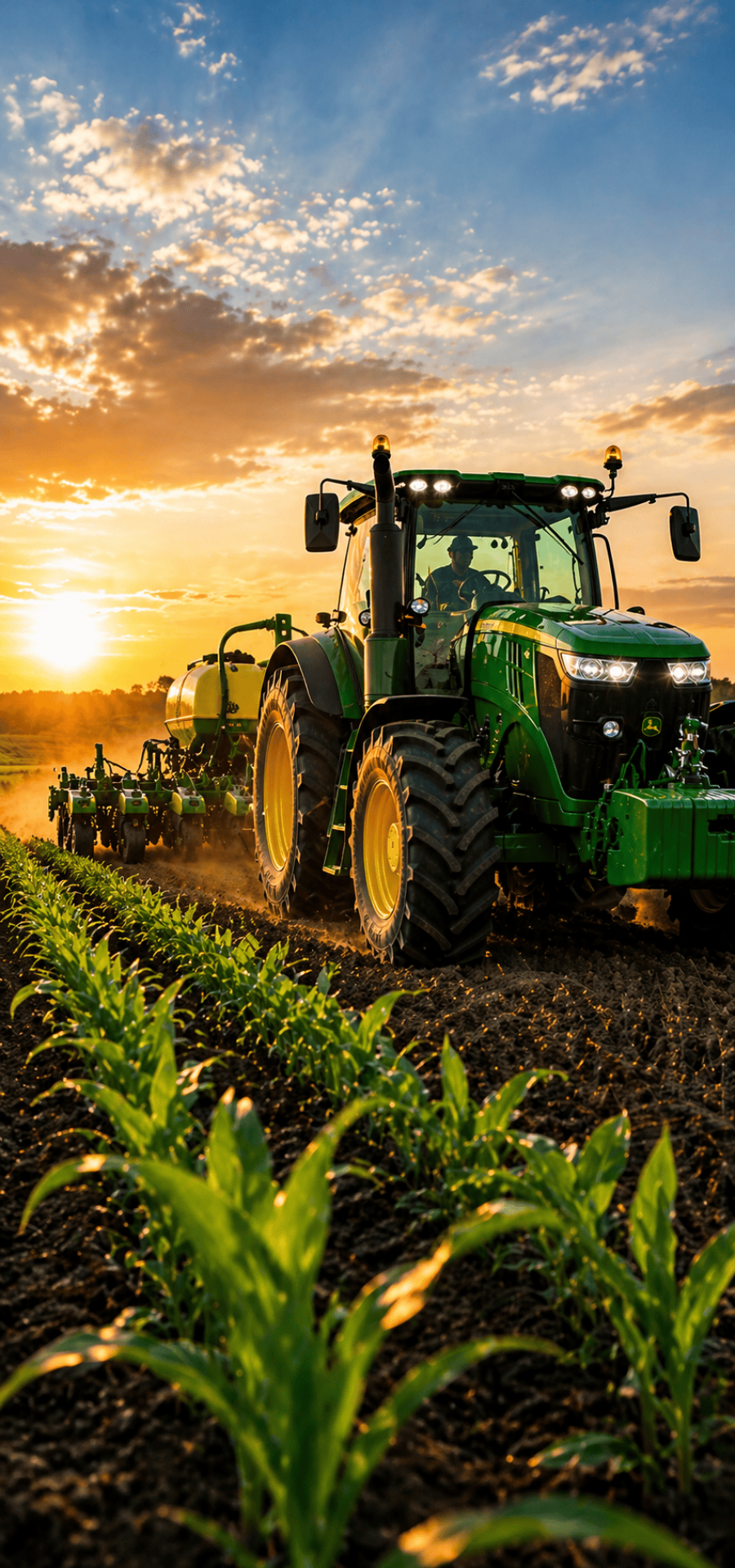 John Deere tractor in a field during sunset, preparing soil for planting crops.