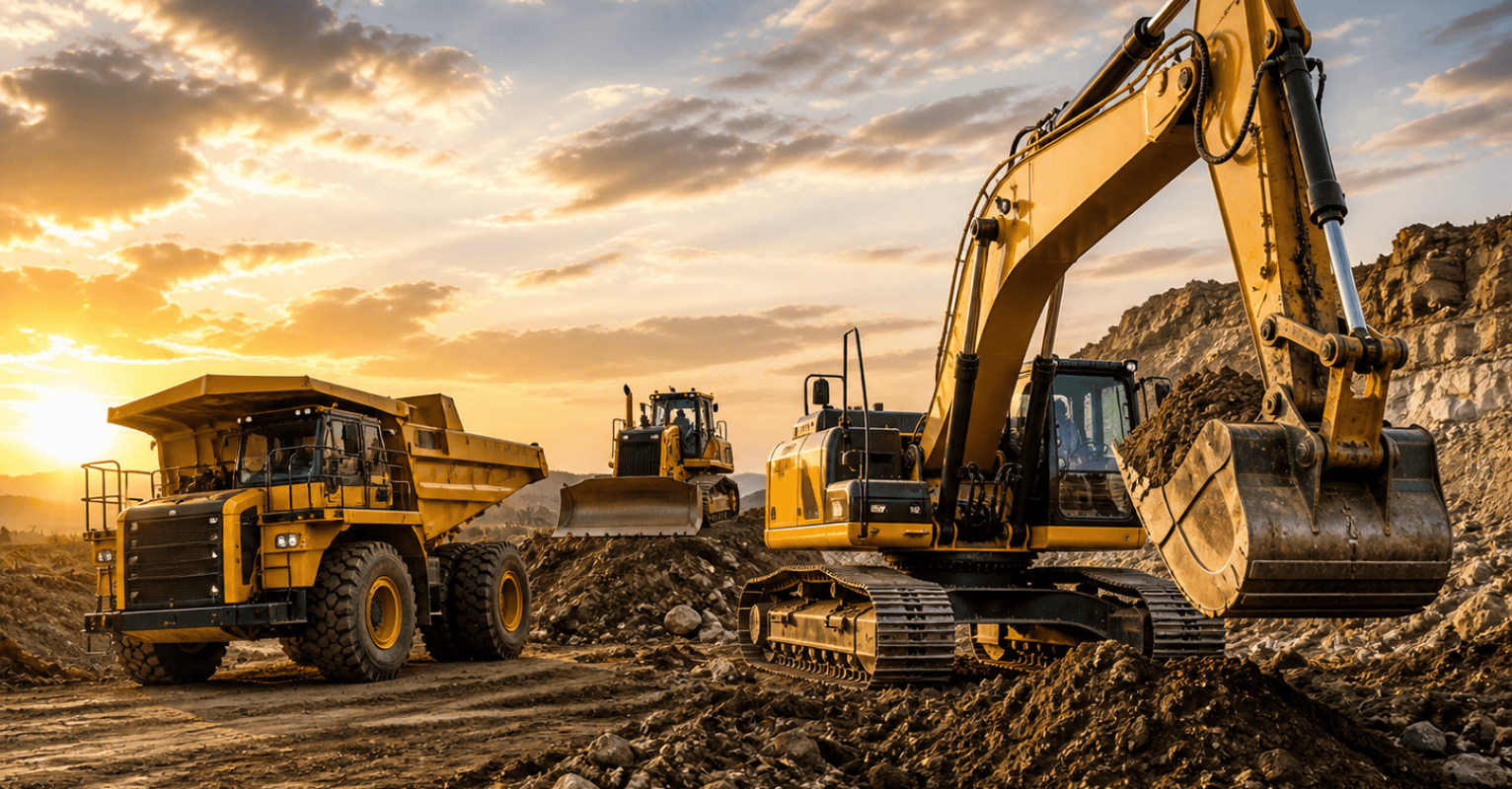 Excavators and dump truck at a construction site during sunset, heavy machinery used for earthmoving and excavation work.
