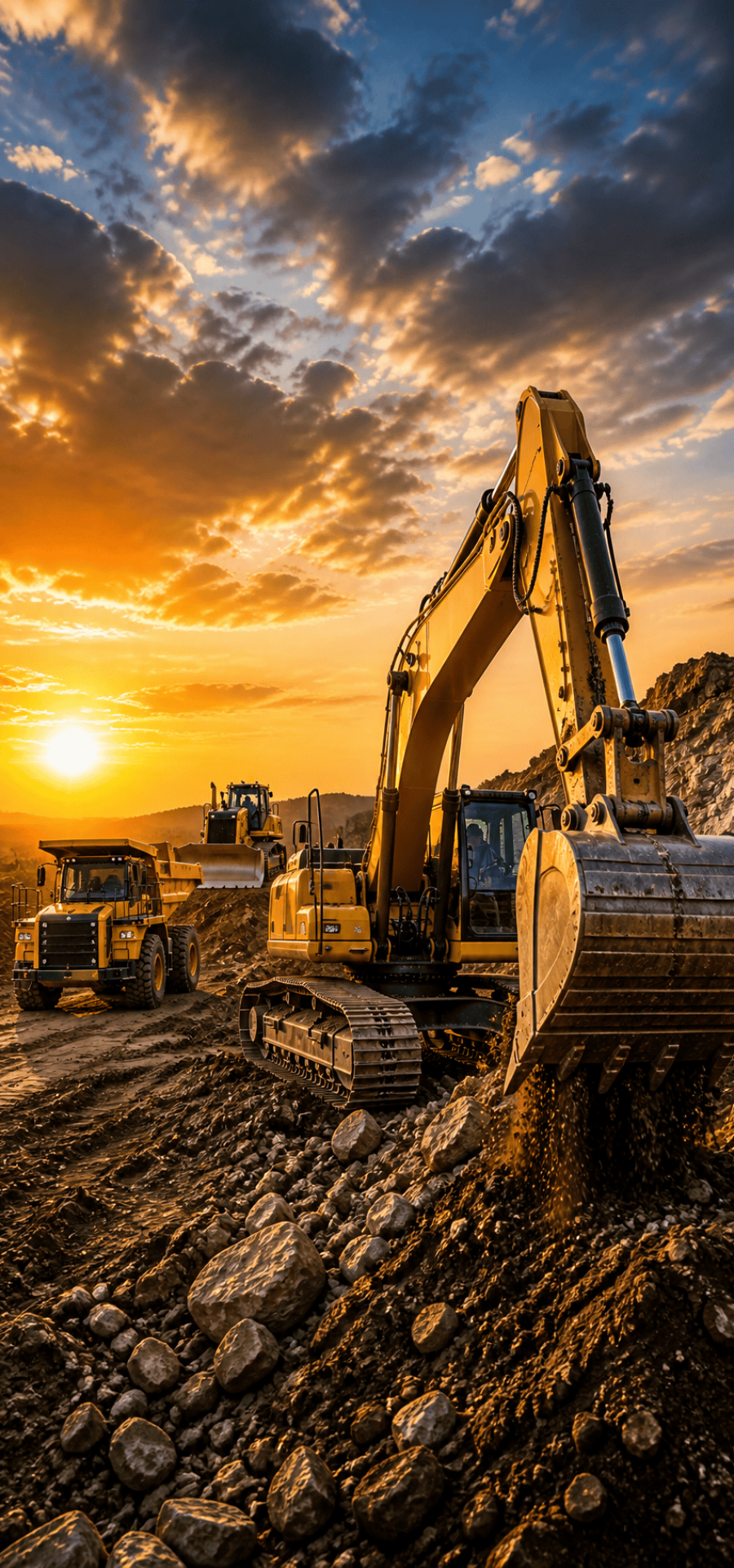 Excavator and dump truck at a construction site during sunset, with dramatic sky and rugged terrain.