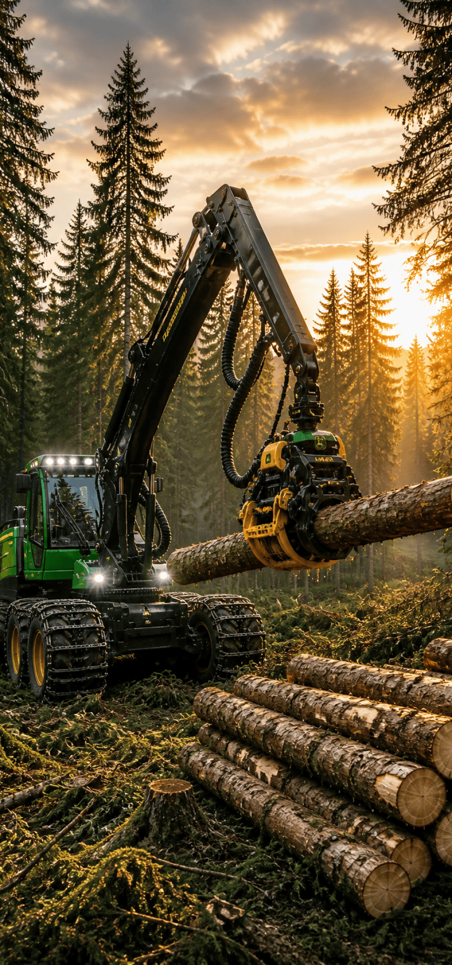 Heavy-duty forestry machine lifting logs in a forest at sunset.