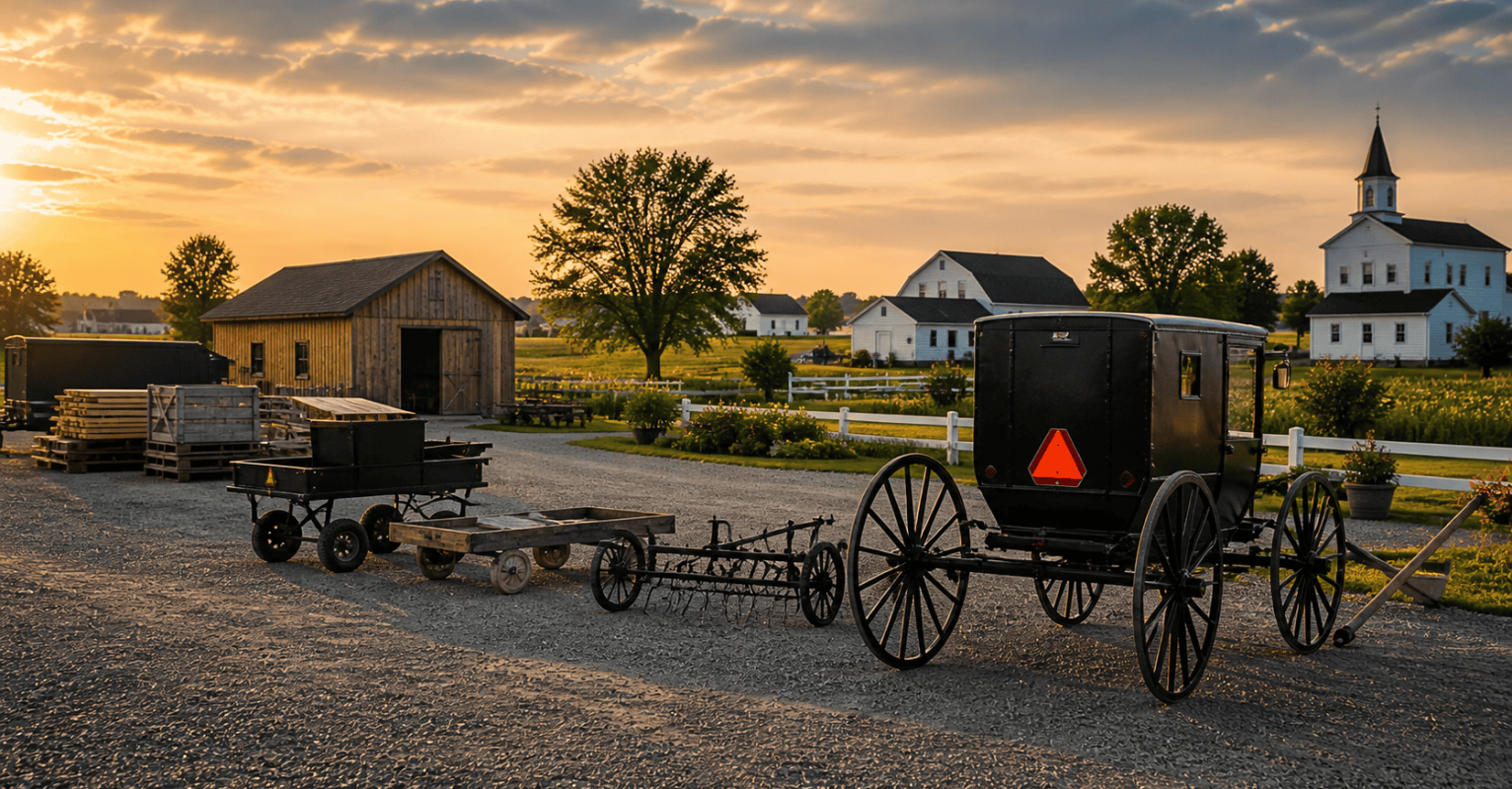 Old-fashioned horse-drawn carriage with trailers parked on farm gravel at sunset.