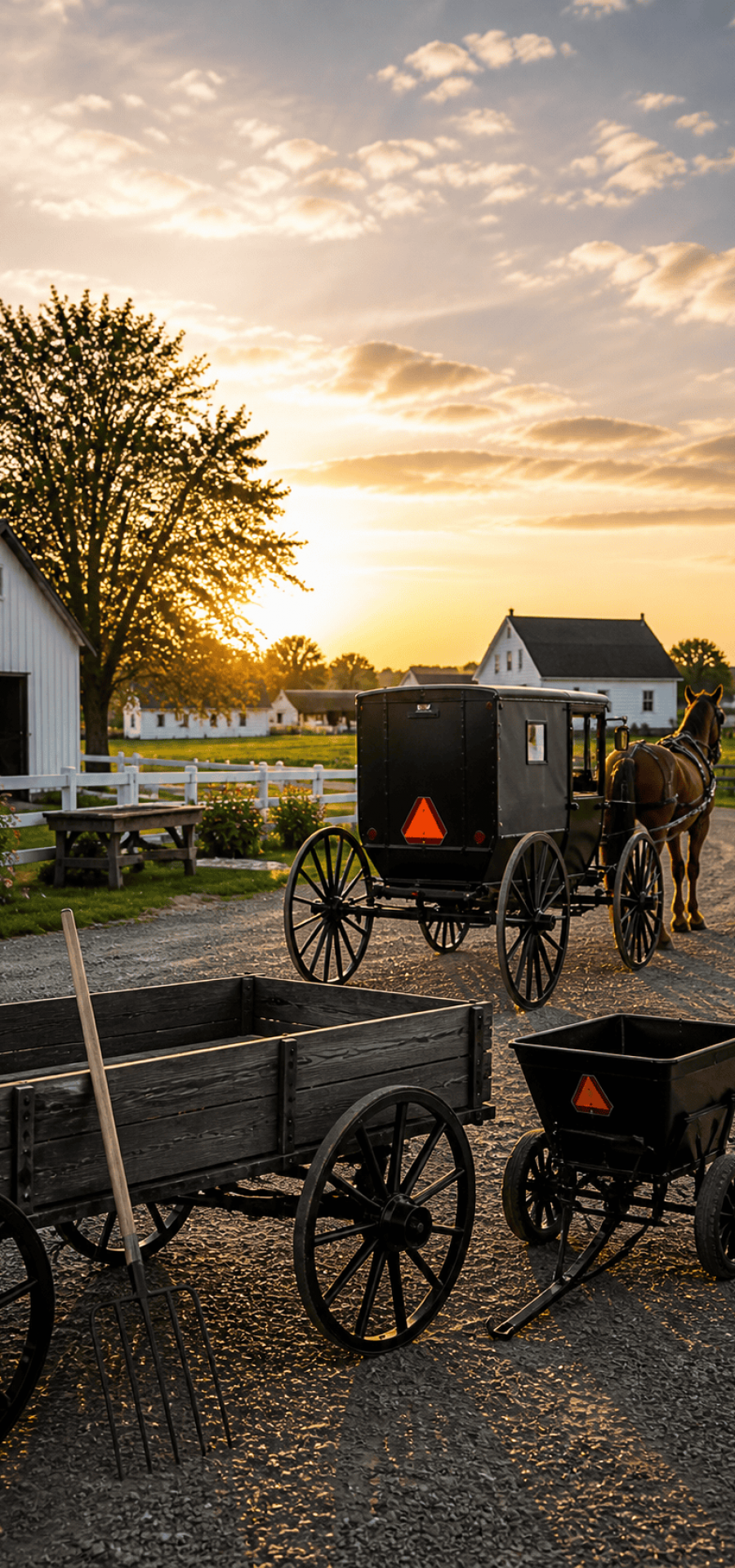 Horse-drawn carriage and carts with black bodies and wooden wheels at sunset.