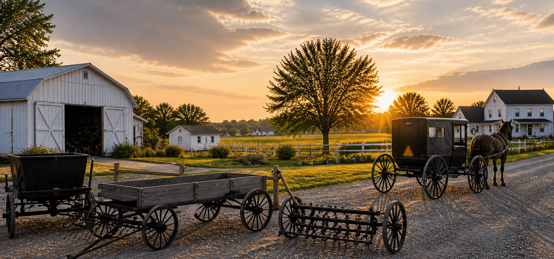 Vintage farm equipment and wagons at sunset on a rural farm.