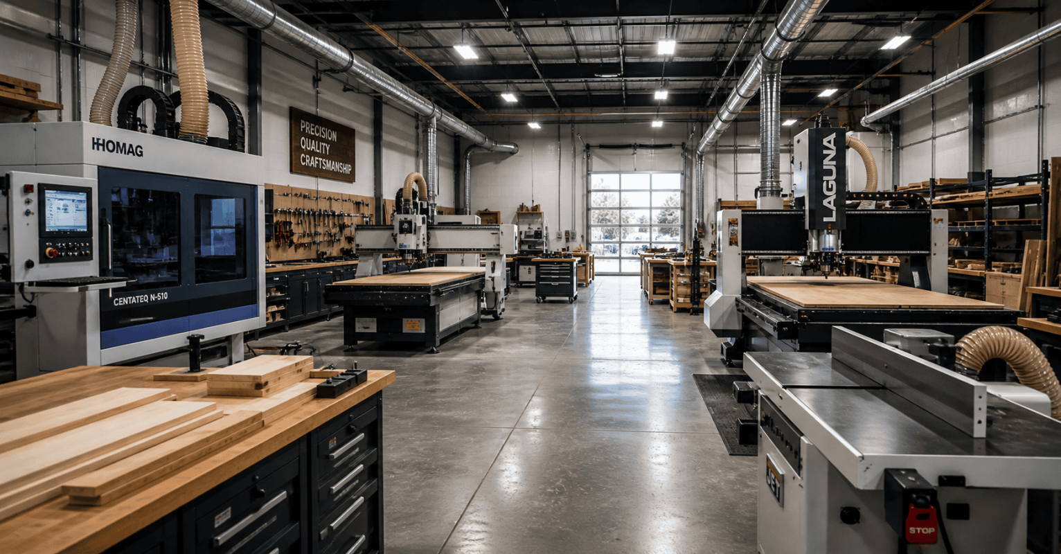 Woodworking workshop with CNC machines and workbenches for precision carpentry.