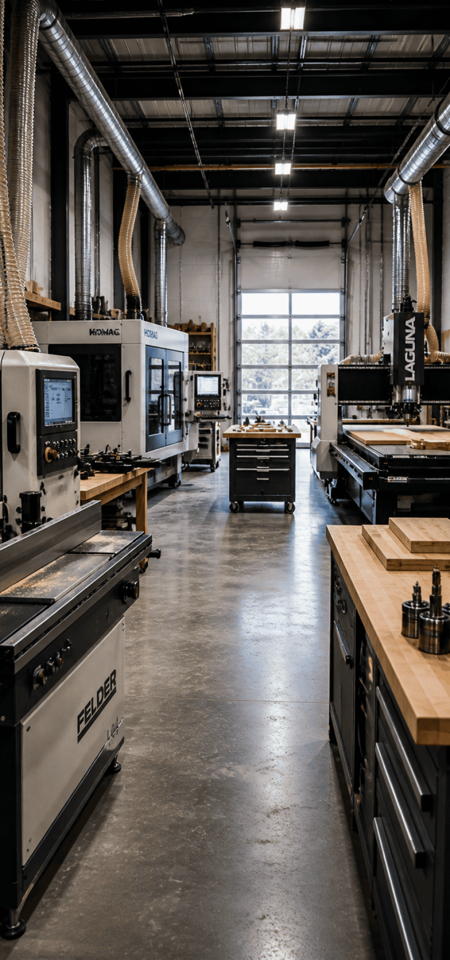 A spacious industrial workshop featuring CNC machines, workbenches, and equipment for manufacturing processes.