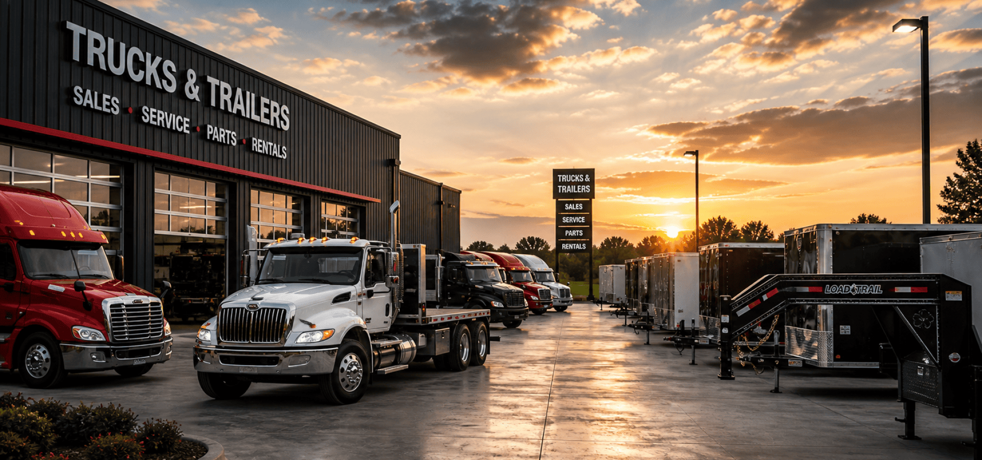 View of trucks, trailers, and equipment at a dealership during sunset.