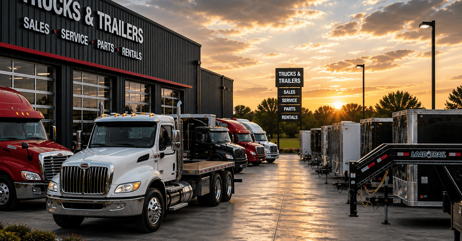 Truck and trailer dealership lot at sunset with various trucks and trailers on display.