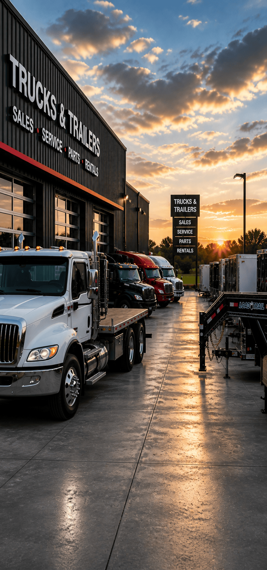 Trucks & Trailers dealership offering sales, service, and rentals with trucks and trailers on display.
