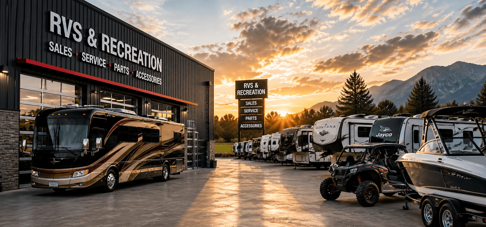 Luxury Class A motorhome parked outside RVS & Recreation dealership with other RVs and boats, mountain backdrop at sunset.