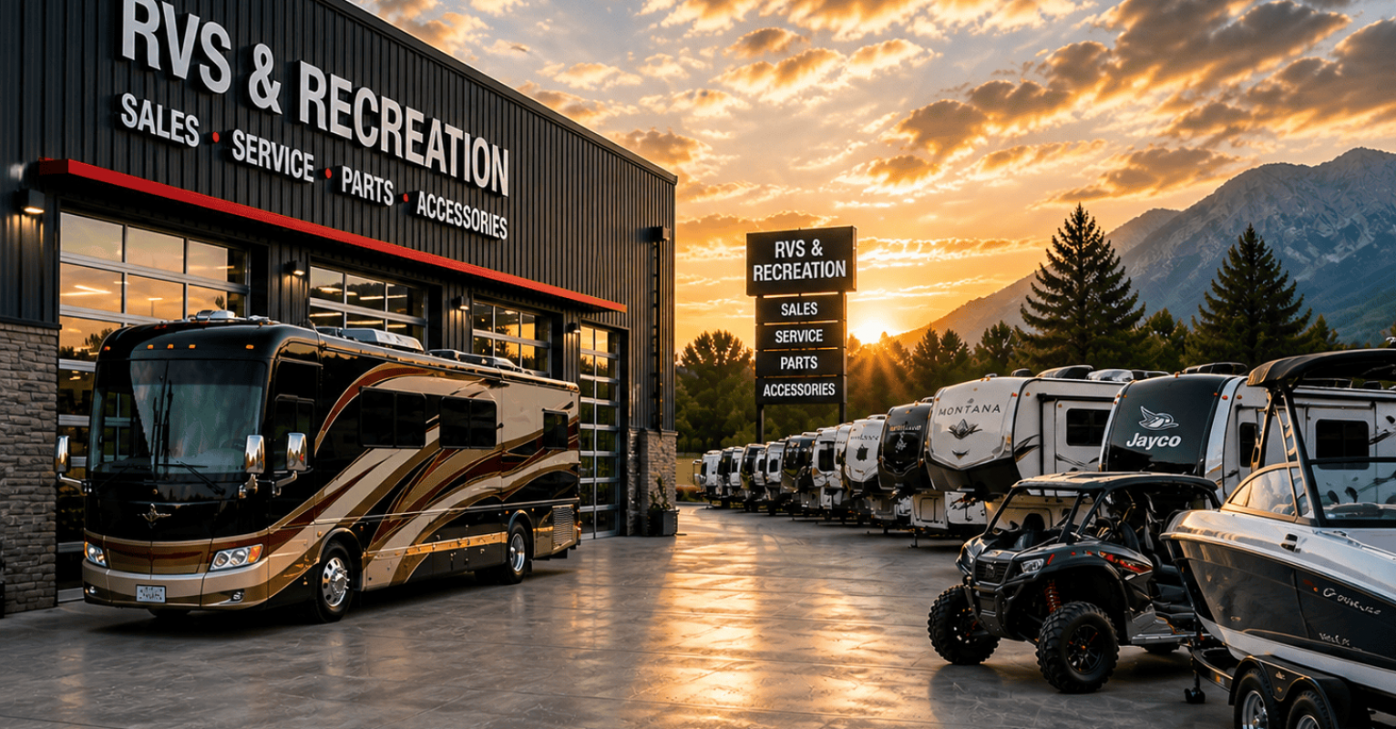 RVS & Recreation dealership featuring RVs, boats, and off-road vehicles at sunset, offering sales, service, parts, and access.