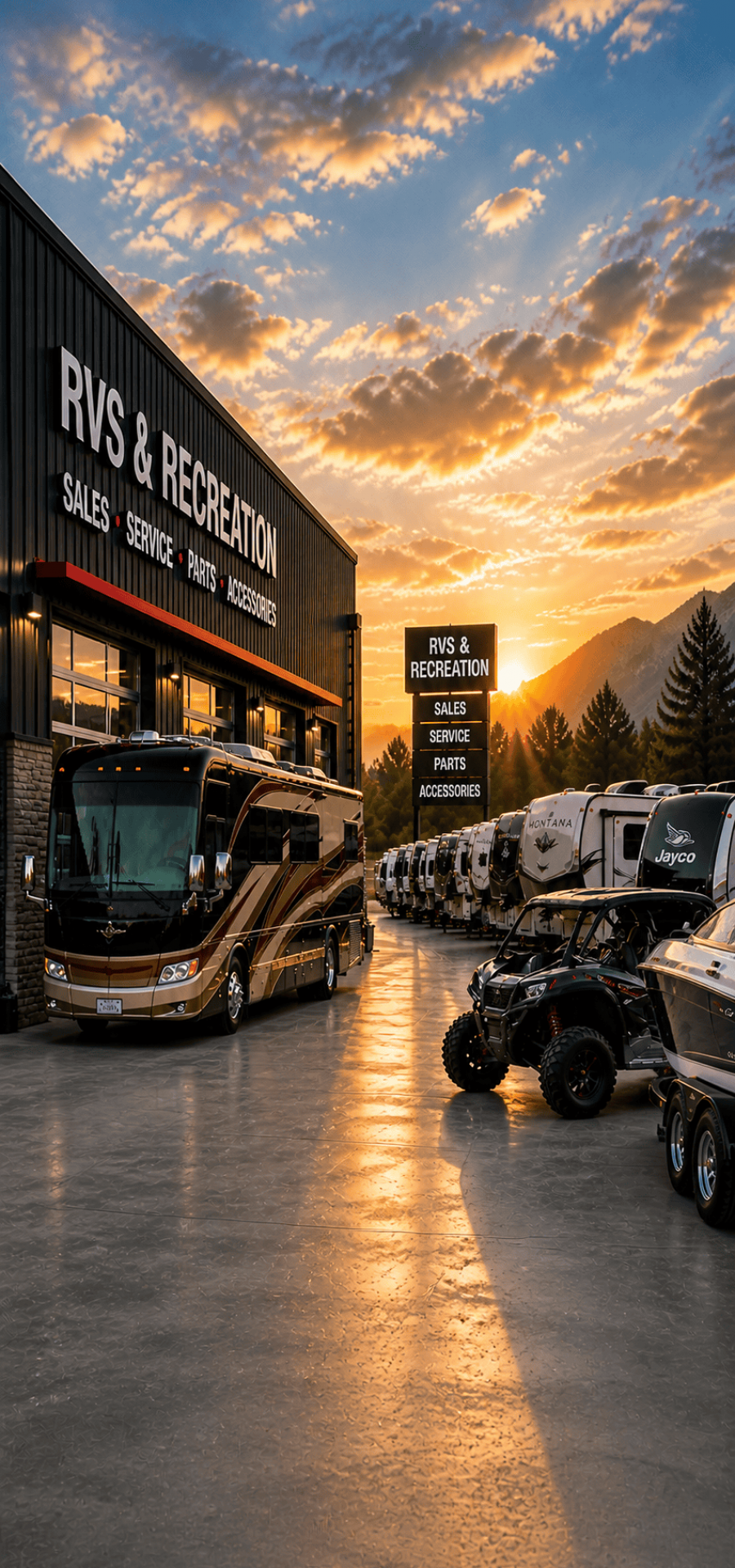 Luxury RV dealership with boats and ATVs at sunset, outdoor view.