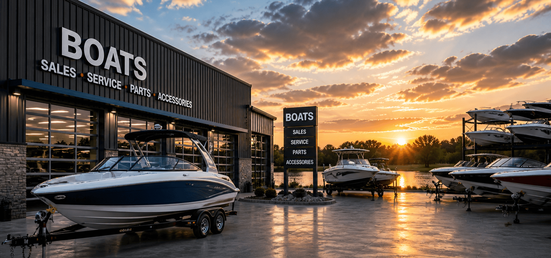 Boats dealership offering sales, service, parts, and accessories with boats displayed outside at sunset.