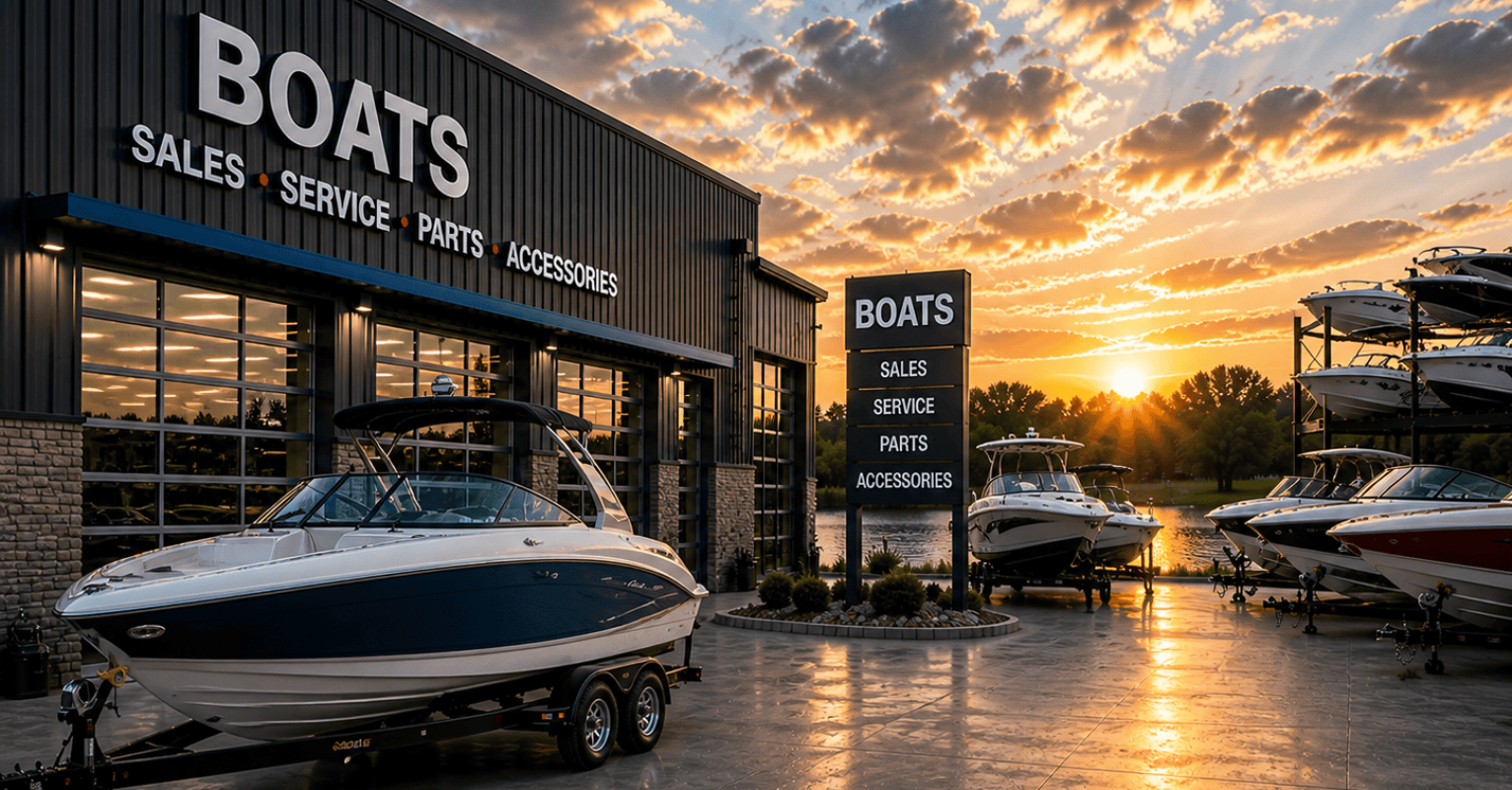 Boats dealership with boats on trailers at sunset.