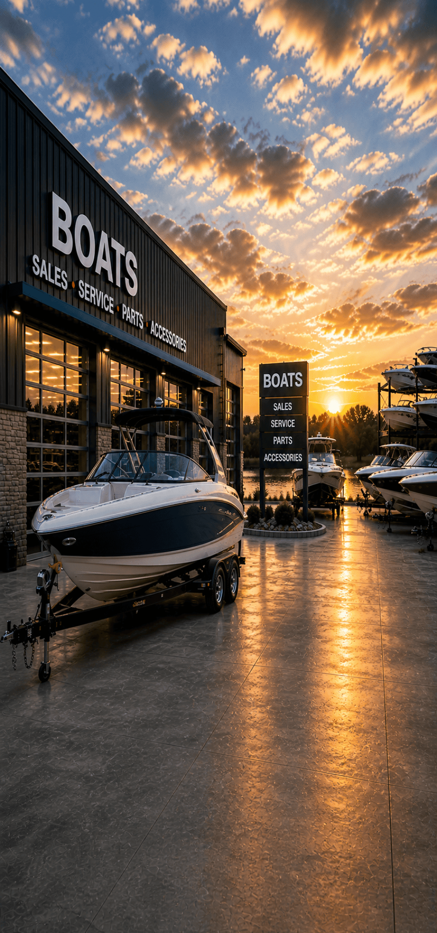 Boats sale and service center with boats displayed outside during sunset.