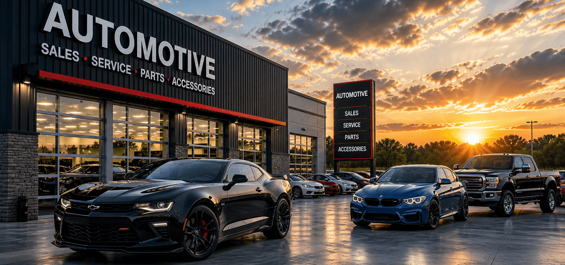 A row of modern sports cars and SUVs parked outside an automotive dealership at sunset.