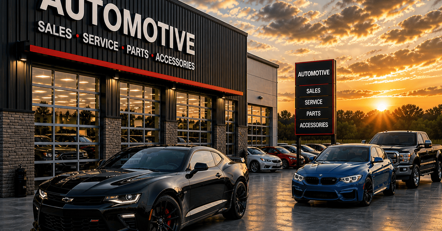 Sports cars outside an automotive dealership at sunset, showcasing modern vehicles for sale.