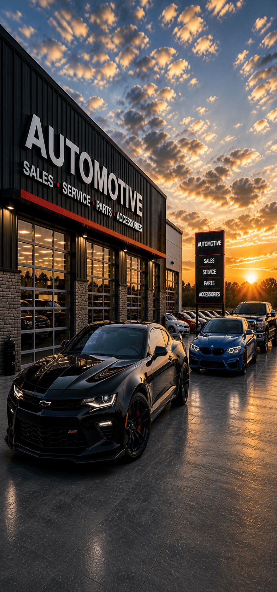 Sports car parked in front of automotive dealership at sunset, showcasing sleek black design and modern features.