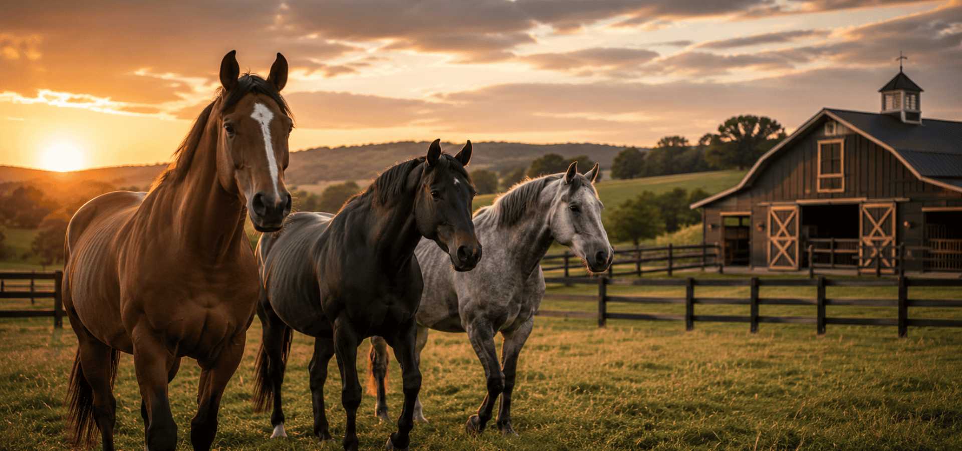 Three horses standing in a field at sunset with a barn in the background.