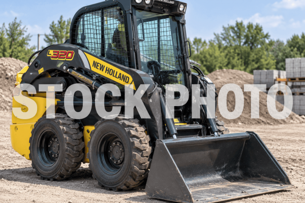 New Holland L320 skid steer loader with cab and bucket attachment on construction site.