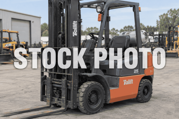 Tailift forklift with 4,300-lb capacity, black and orange, gas engine, in outdoor yard.