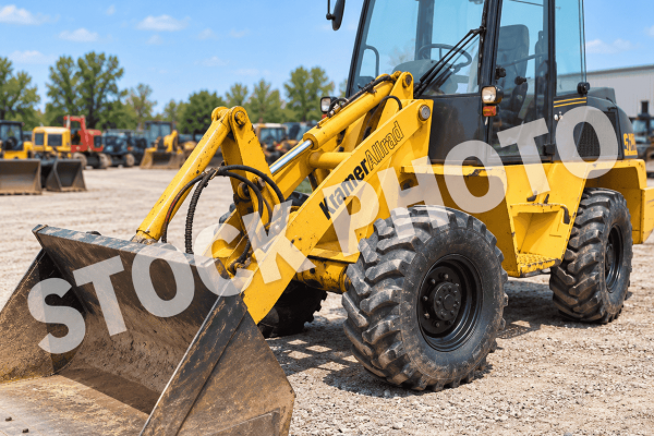 Yellow Kramer-Allrad 520 compact loader with front bucket and enclosed cab on gravel lot.