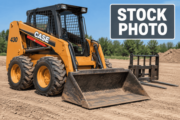 2005 CASE 430 skid steer loader with front bucket and protective cab on dirt site.