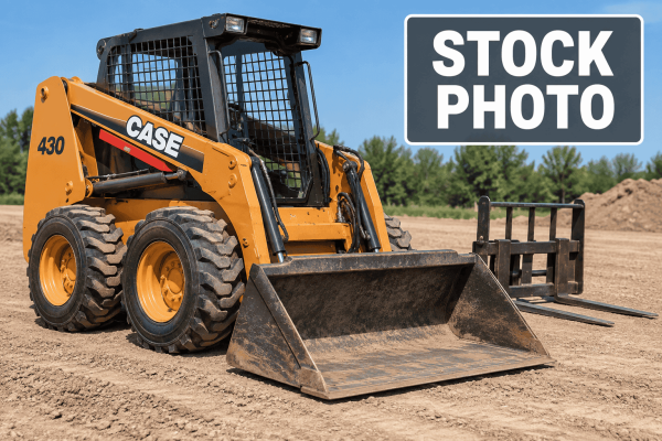 2005 CASE 430 skid steer loader with front bucket and protective cab on dirt site.