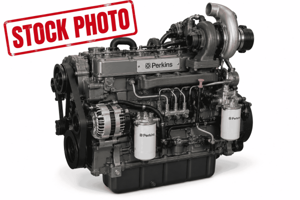Perkins turbo diesel engine with visible turbocharger and fuel filters, stock photo for equipment listing.