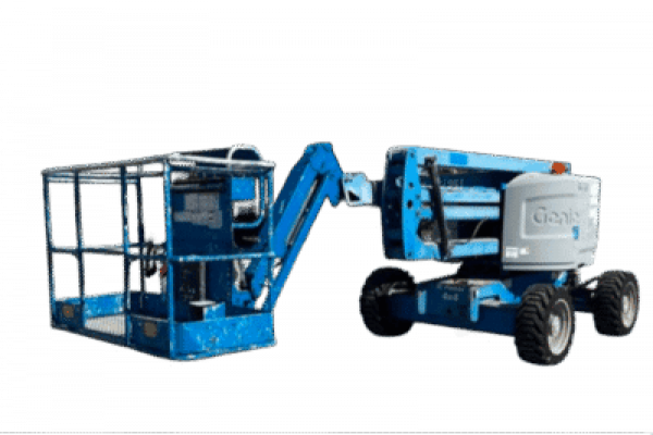 Aerial work platform with extendable boom and safety cage, blue color, used for maintenance and construction tasks.