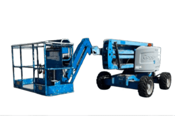 Aerial work platform with extendable boom and safety cage, blue color, used for maintenance and construction tasks.