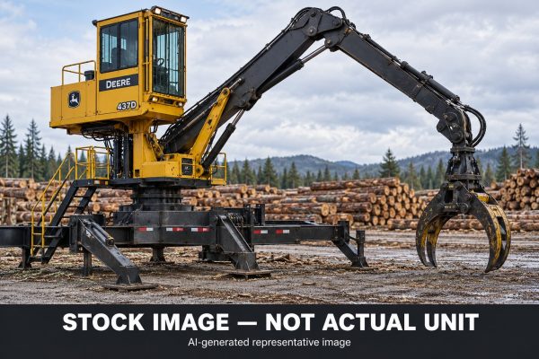 AI-generated stock image representing a John Deere 437D log loader; not the actual ES265 unit.