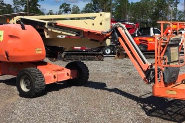 Telescopic boom lift, orange, used for aerial work, no visible year or model.