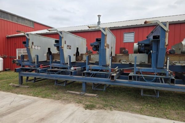 Industrial sawmill equipment with multiple cutting stations on a blue frame.