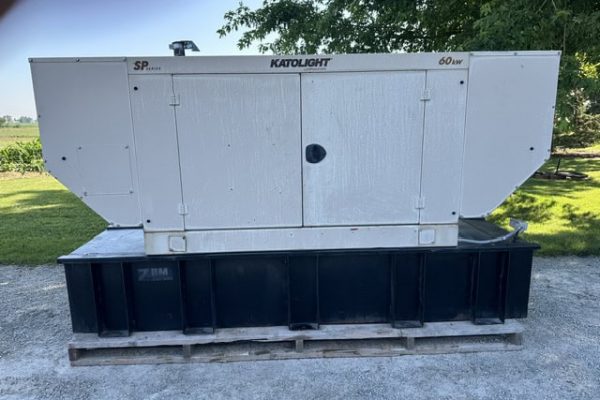 60 kW John Deere Katolight generator with white housing and black base on wooden pallet.